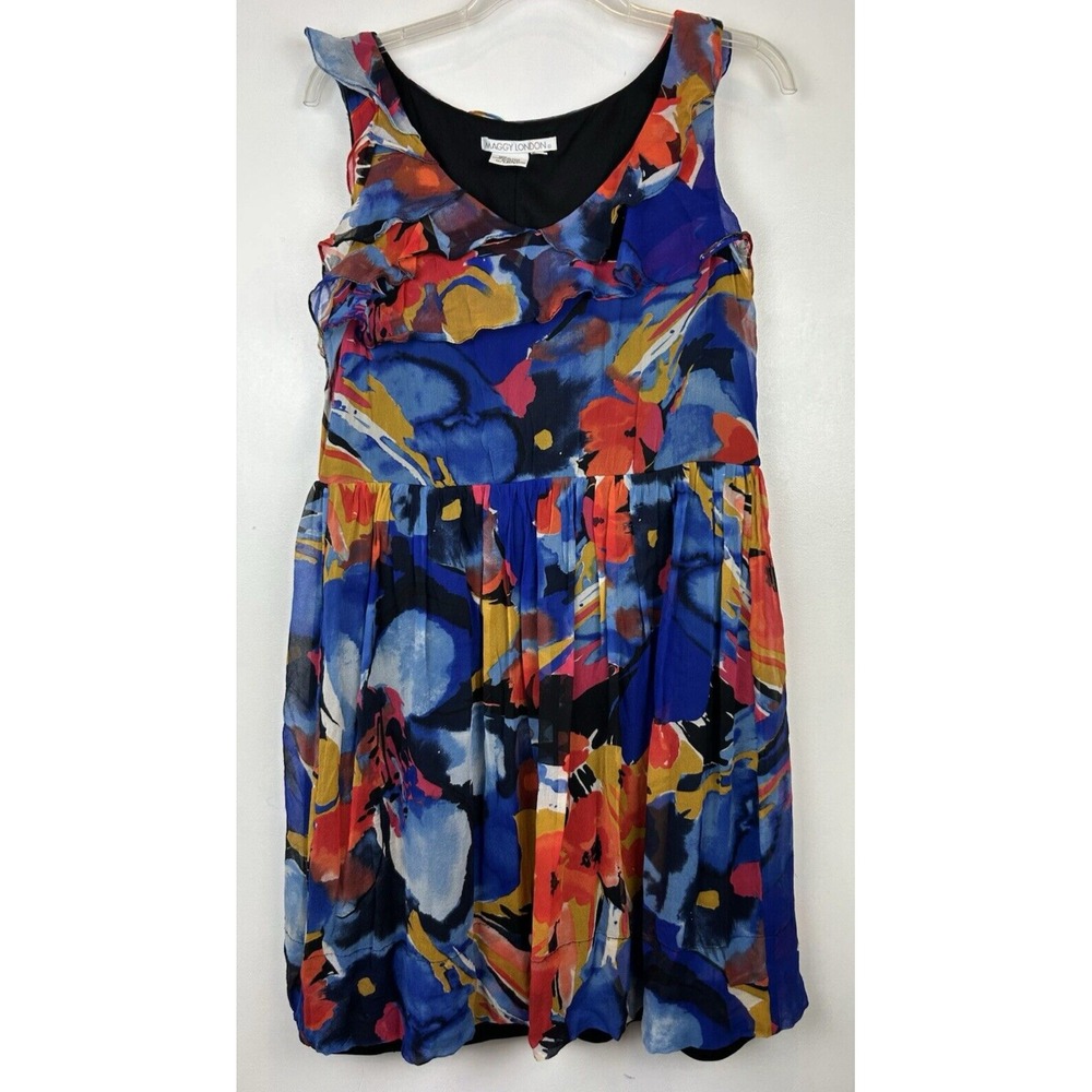 Maggy London Mini Dress Womens 12 Silk Dark Floral Short Flowy Art To Wear Read